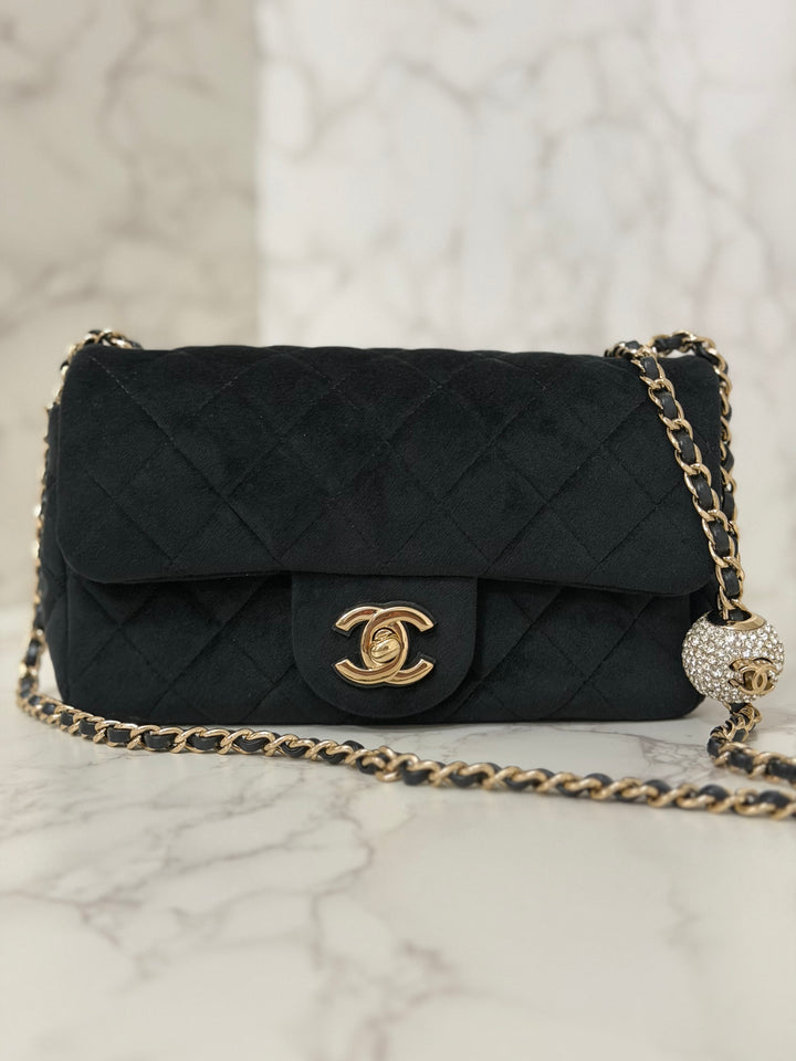 CHANEL series 30 20K collection 2020 Black Velvet Crystal Pearl Crush Adjustable Strap LGHW Mini Rectangular Flap Bag