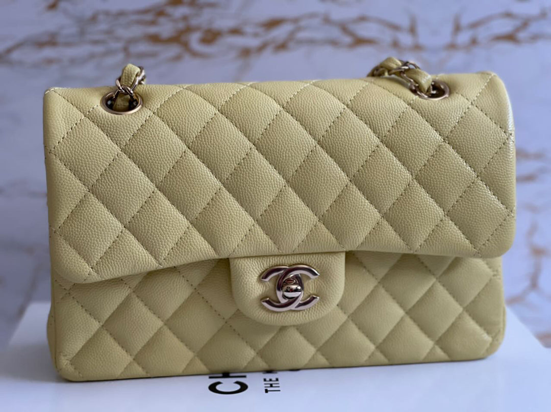 Chanel 20S 2020 Spring/Summer Collection Yellow Caviar LGHW Small Timeless Classic Double Flap Bag