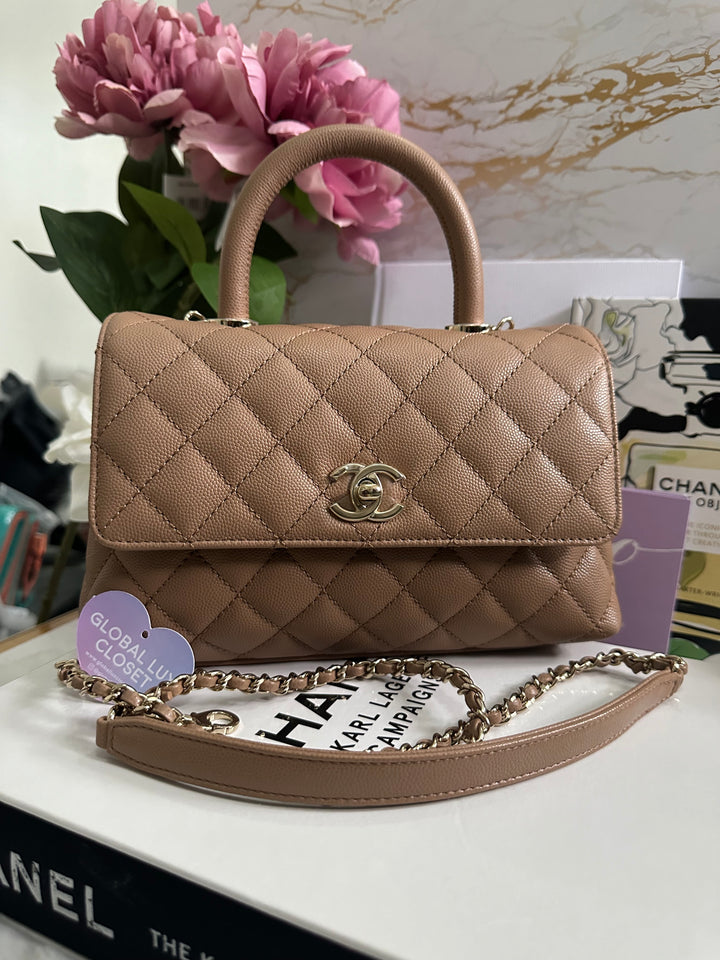Chanel 22K Pre Fall/Winter 2022 Dark Beige Caviar LGHW Coco Handle Size Small with detachable strap