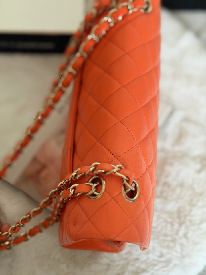 CHANEL 20S Orange Lambskin LGHW Medium ML Timeless Classic Double Flap Bag