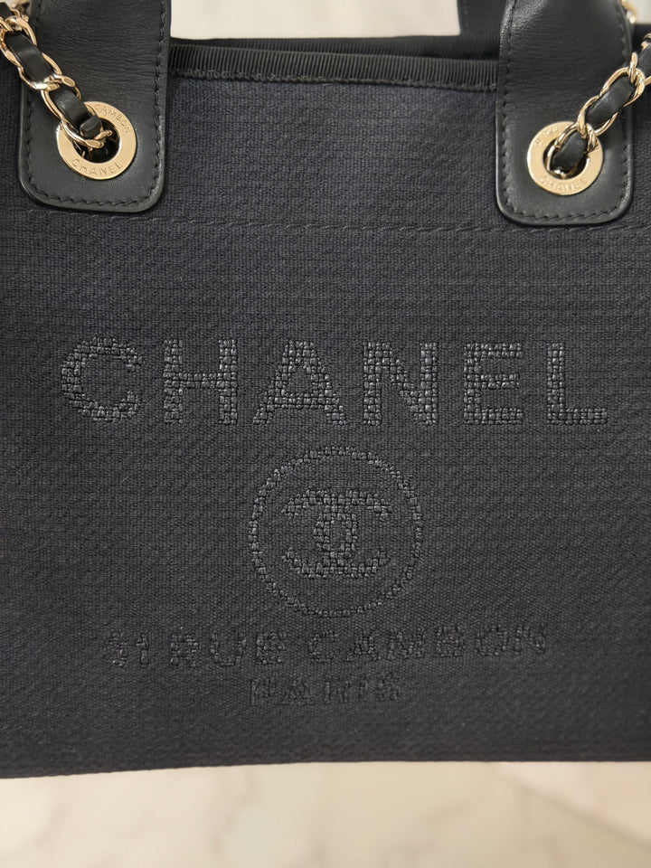 CHANEL 22B 2022 Black Tweed Deauville Tote size Small with Top Handle LGHW and Detachable Pouch