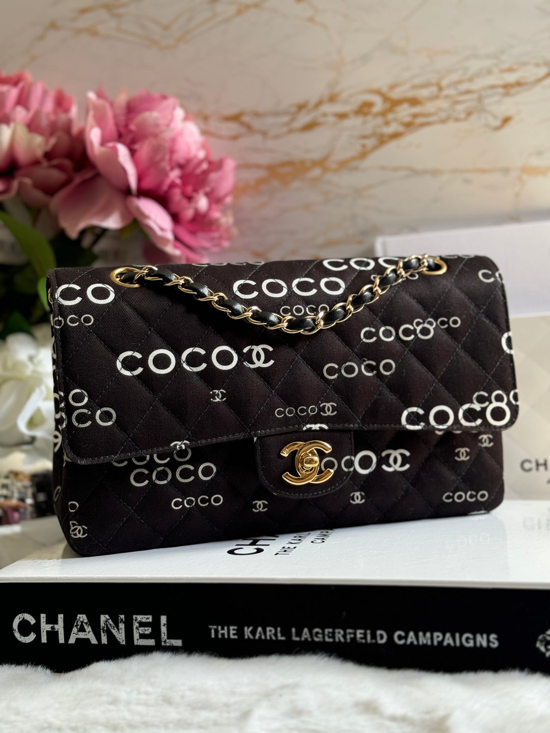 Chanel series 7 2002/2003 Black Canvas Quilted COCO Medium Classic Flap Light Gold Hardware