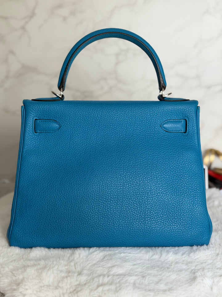 HERMÈS Bleu Frida Togo Leather PHW Kelly 28 Bag Stamp A 2017