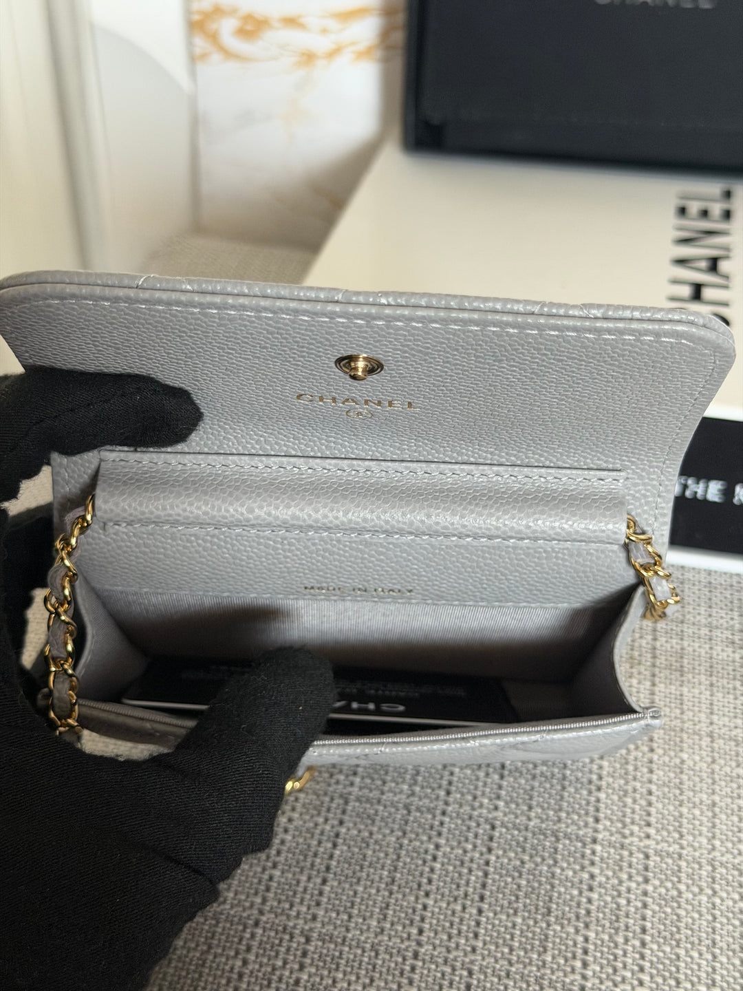 CHANEL 21B Coco Chain Grey Caviar Mini Clutch with Chain 2021