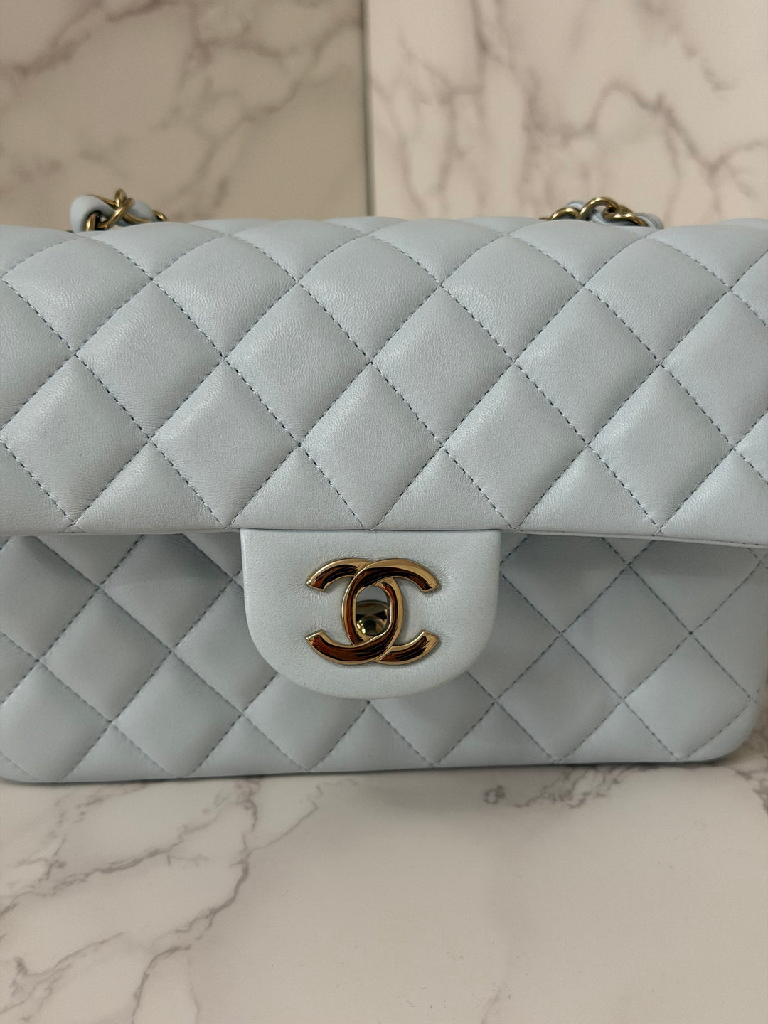 CHANEL 25S collection 2025 Light Baby Blue Lambskin LGHW Mini Rectangular Flap Bag