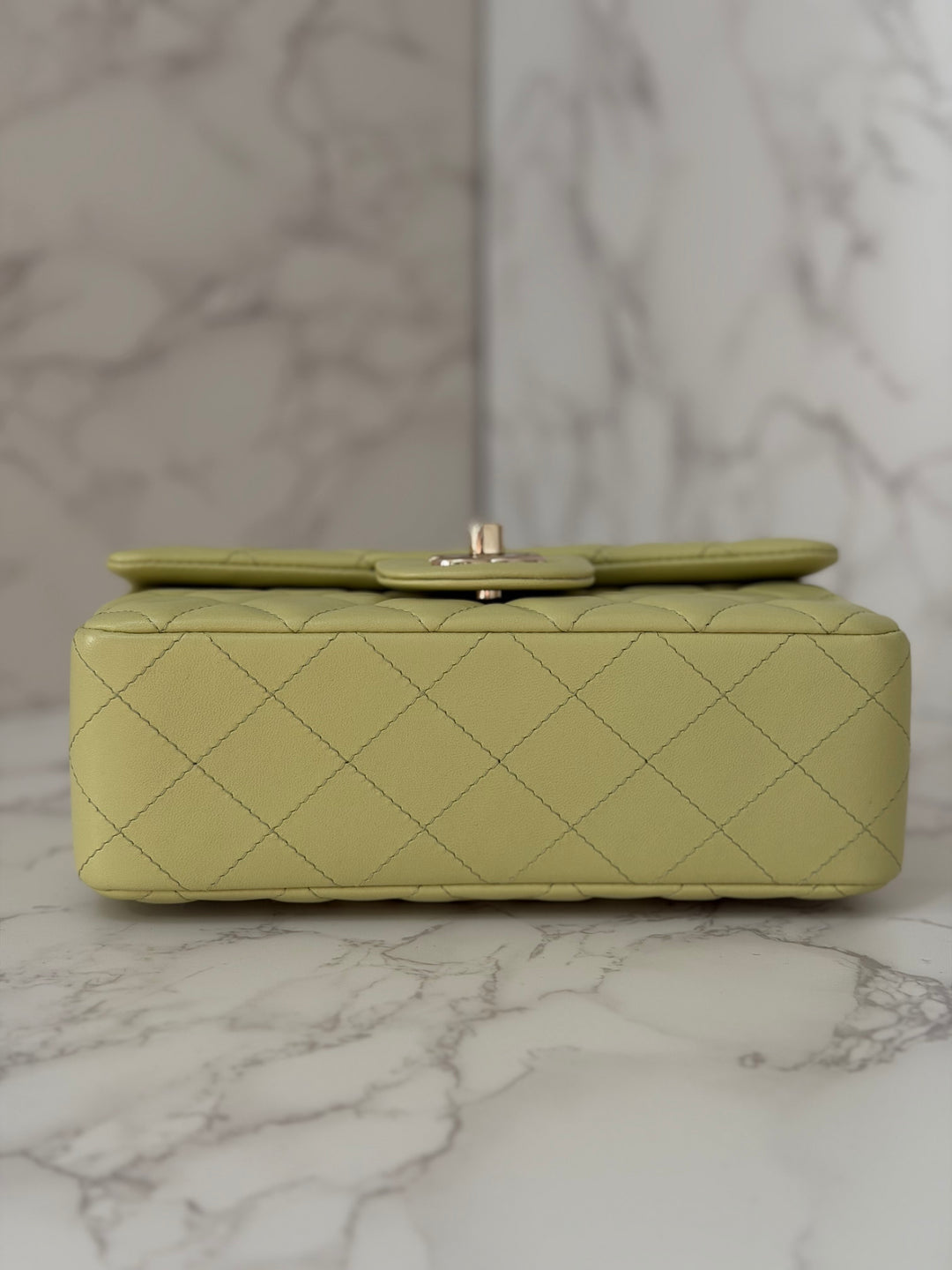 CHANEL 23C Collection 2022/2023 Cruise Pistachio Green Lambskin Mini Rectangular Flap Bag with Champagne GHW