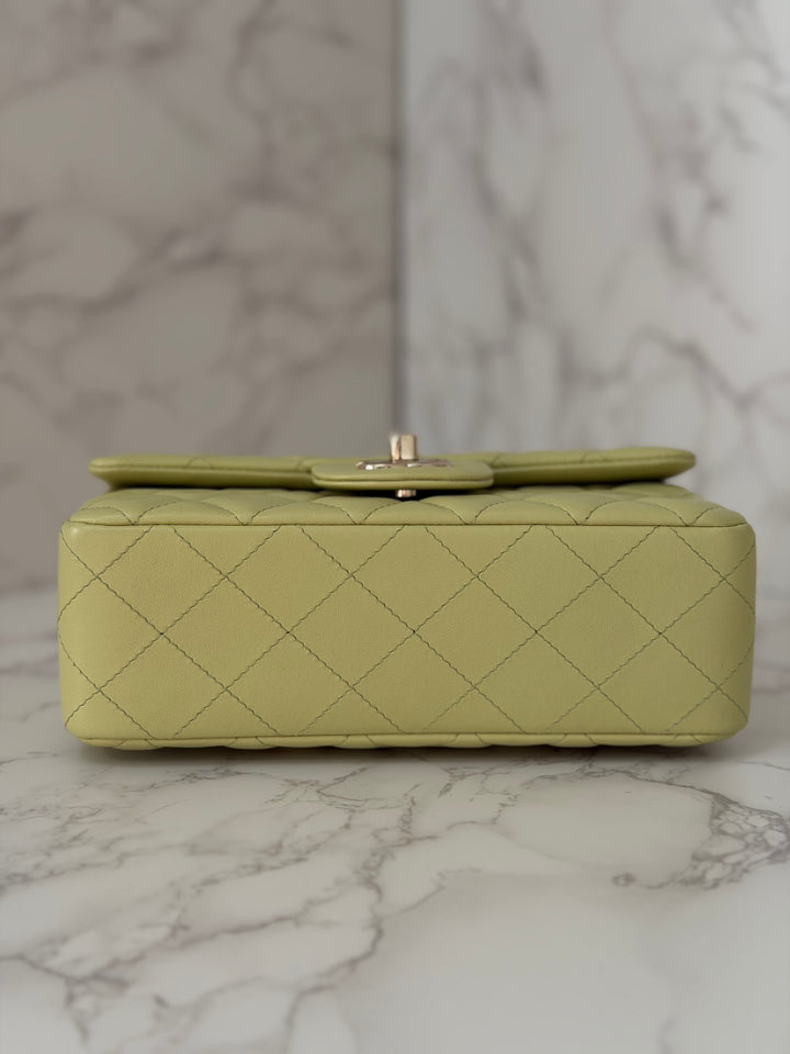 CHANEL 23C Collection 2022/2023 Cruise Pistachio Green Lambskin Mini Rectangular Flap Bag with Champagne GHW