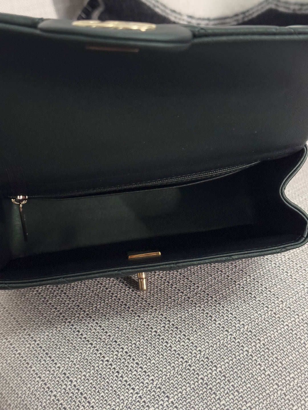 Chanel Iridescent Dark Green Lambskin Mini Rectangular Flap Bag with Top Handle and Champagne GHW