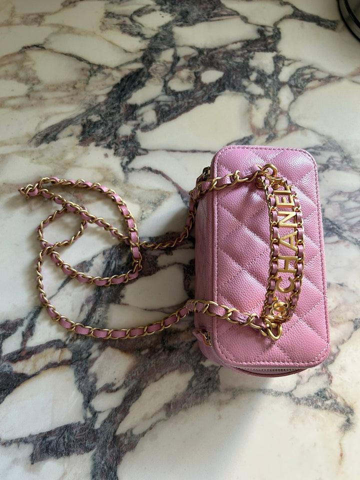 CHANEL 22S Mauve Pink Caviar Aged GHW SMALL Vanity with Metal and Leather top handle 2022