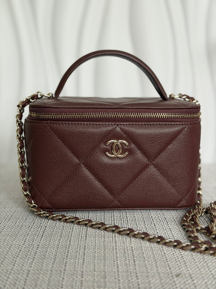 CHANEL 25K 2025 collection Brown Caviar LGHW Leather Top Handle Small Vanity with Chain