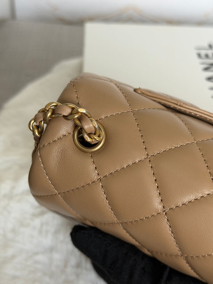 CHANEL 22B Taupe Dark Beige Lambskin Aged GHW Pearl Crush Adjustable Chain Mini Rectangular Flap Bag 2022