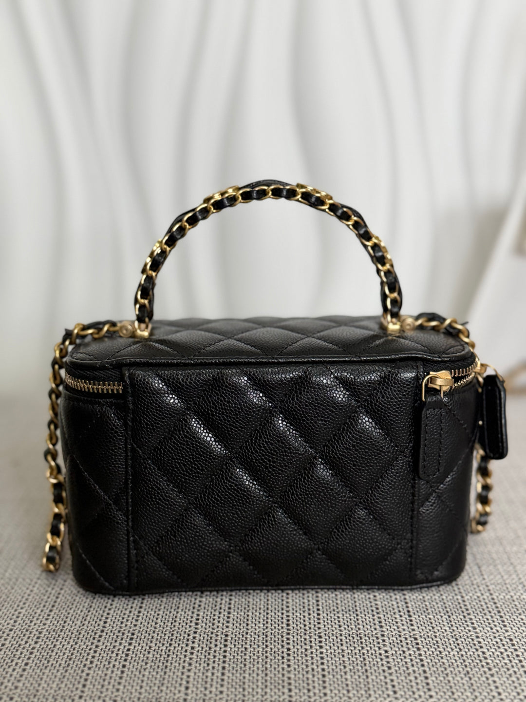 CHANEL Black Caviar Metal Top Handle Small Vanity with Chain 2025 Aged GHW