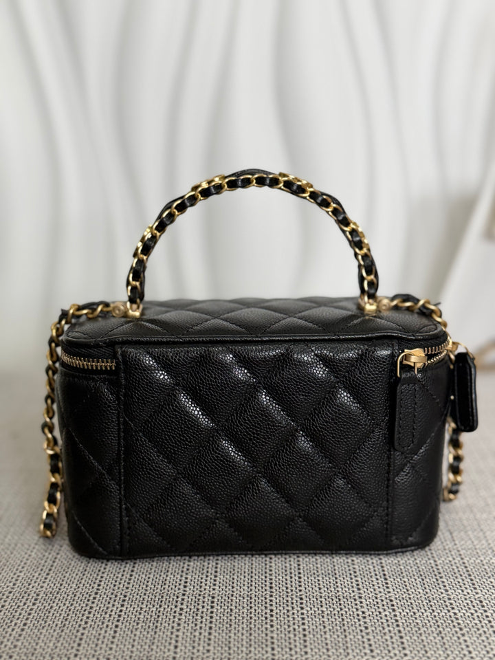 CHANEL Black Caviar Metal Top Handle Small Vanity with Chain 2025 Aged GHW