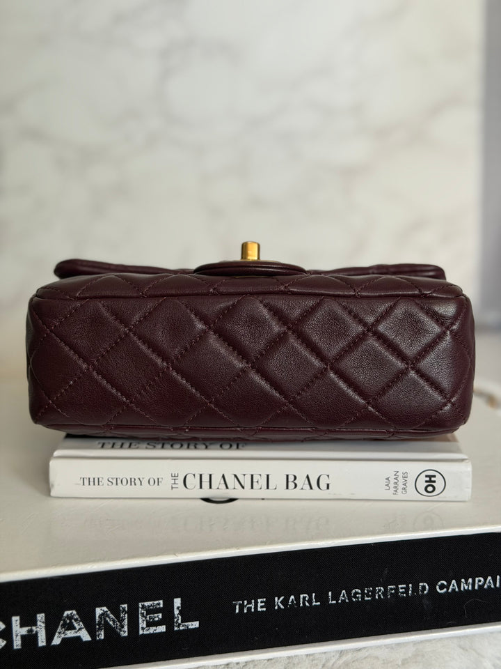 CHANEL 21B Burgundy Lambskin Aged GHW Pearl Crush Mini Rectangular Flap Bag 2021