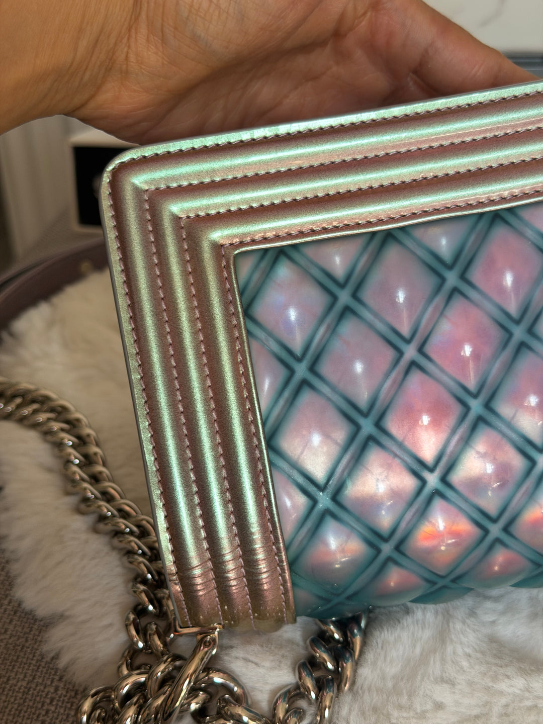 CHANEL 18S Iridescent Patent Calf Skin Purple Blue Mermaid Le Boy Flap Bag size Small