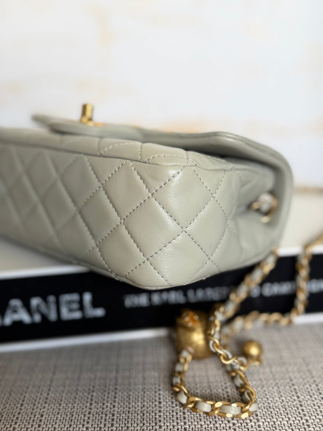 CHANEL Grey Lambskin Aged GHW Pearl Crush Adjustable Chain Mini Rectangular Flap Bag 2021