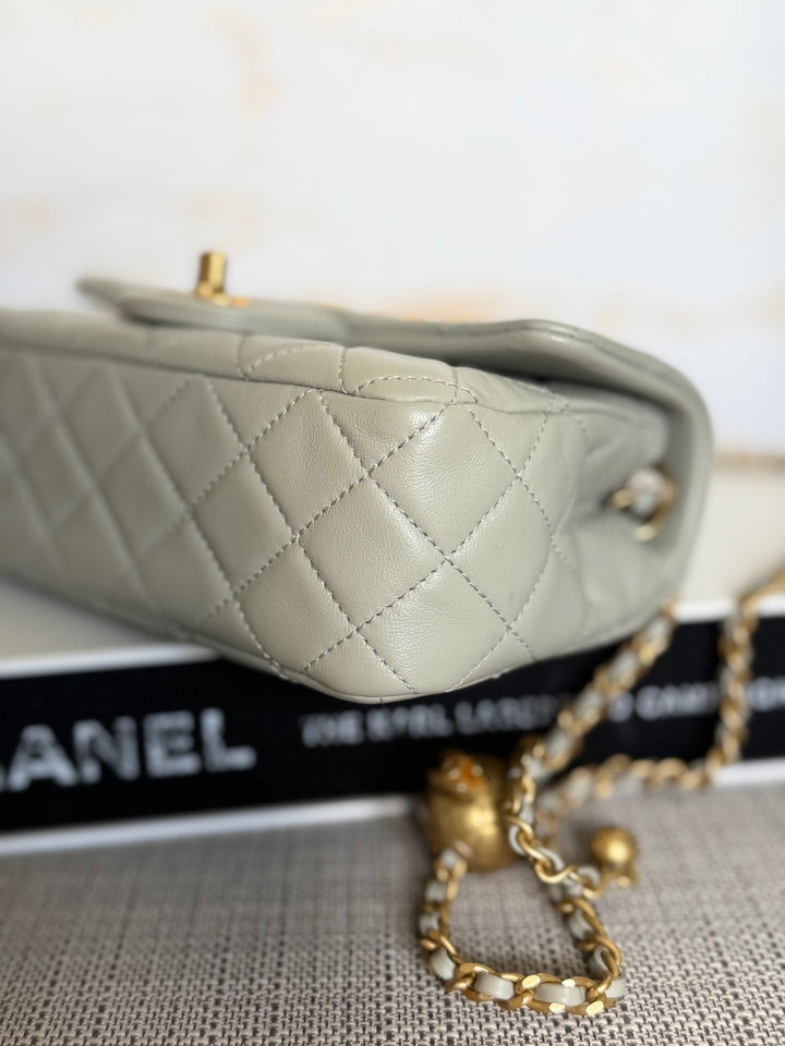 CHANEL Grey Lambskin Aged GHW Pearl Crush Adjustable Chain Mini Rectangular Flap Bag 2021