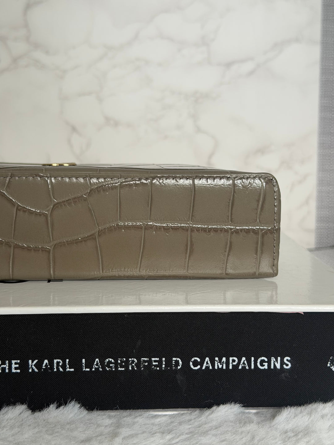 CHANEL 26A Etoupe Khaki Croc Embossed Calf skin LGHW LP Long Vanity size Medium 23 cms with detachable chain 2026