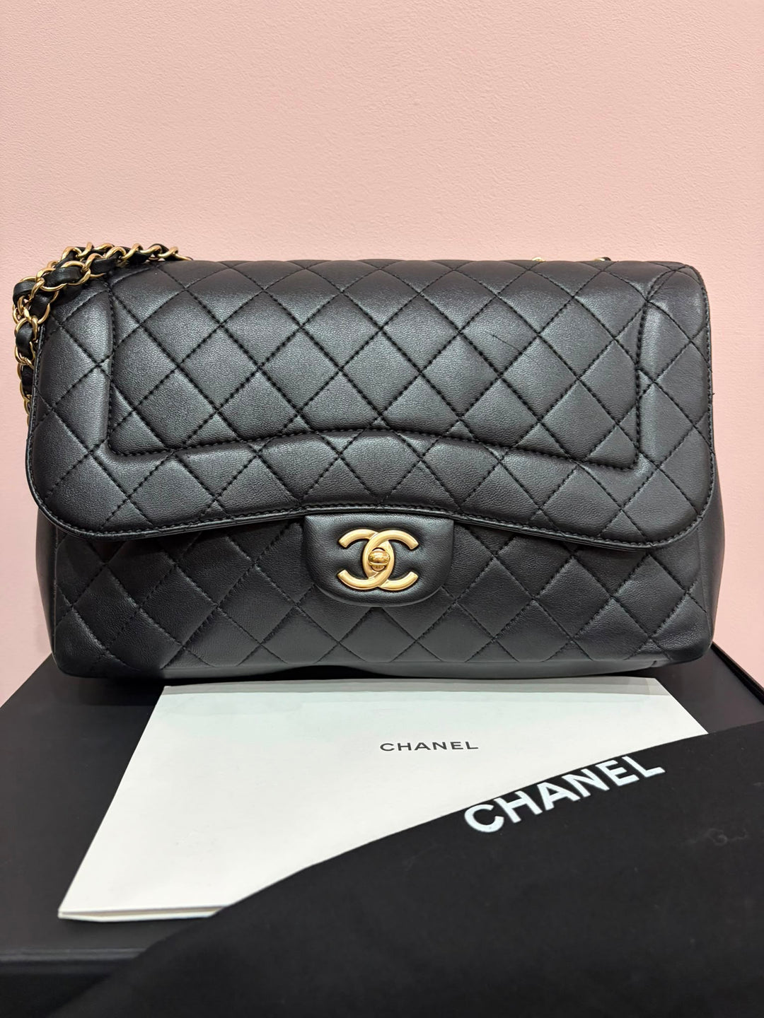 CHANEL Black Lambskin Brushed GHW Mademoiselle Chic Jumbo Single Flap Bag