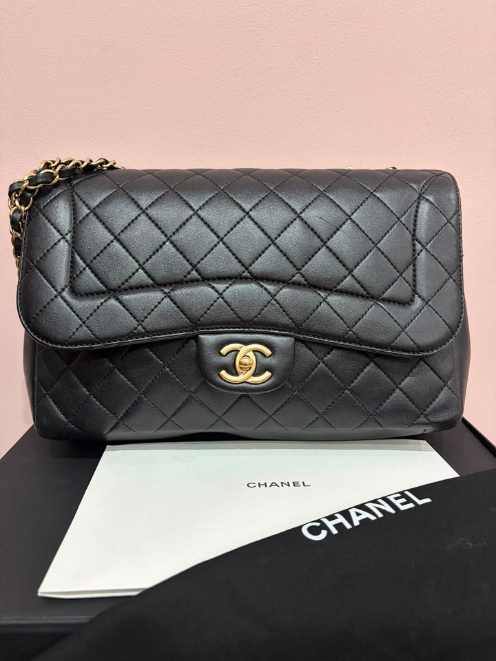 CHANEL Black Lambskin Brushed GHW Mademoiselle Chic Jumbo Single Flap Bag