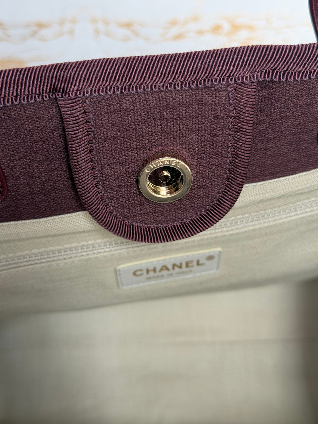 Chanel Burgundy Tweed Deauville Tote with Leather top handle size SMALL 13 inches 2024