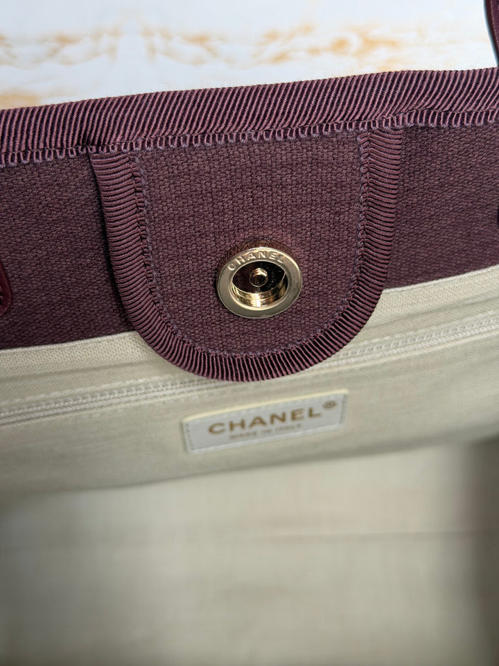 Chanel Burgundy Tweed Deauville Tote with Leather top handle size SMALL 13 inches 2024