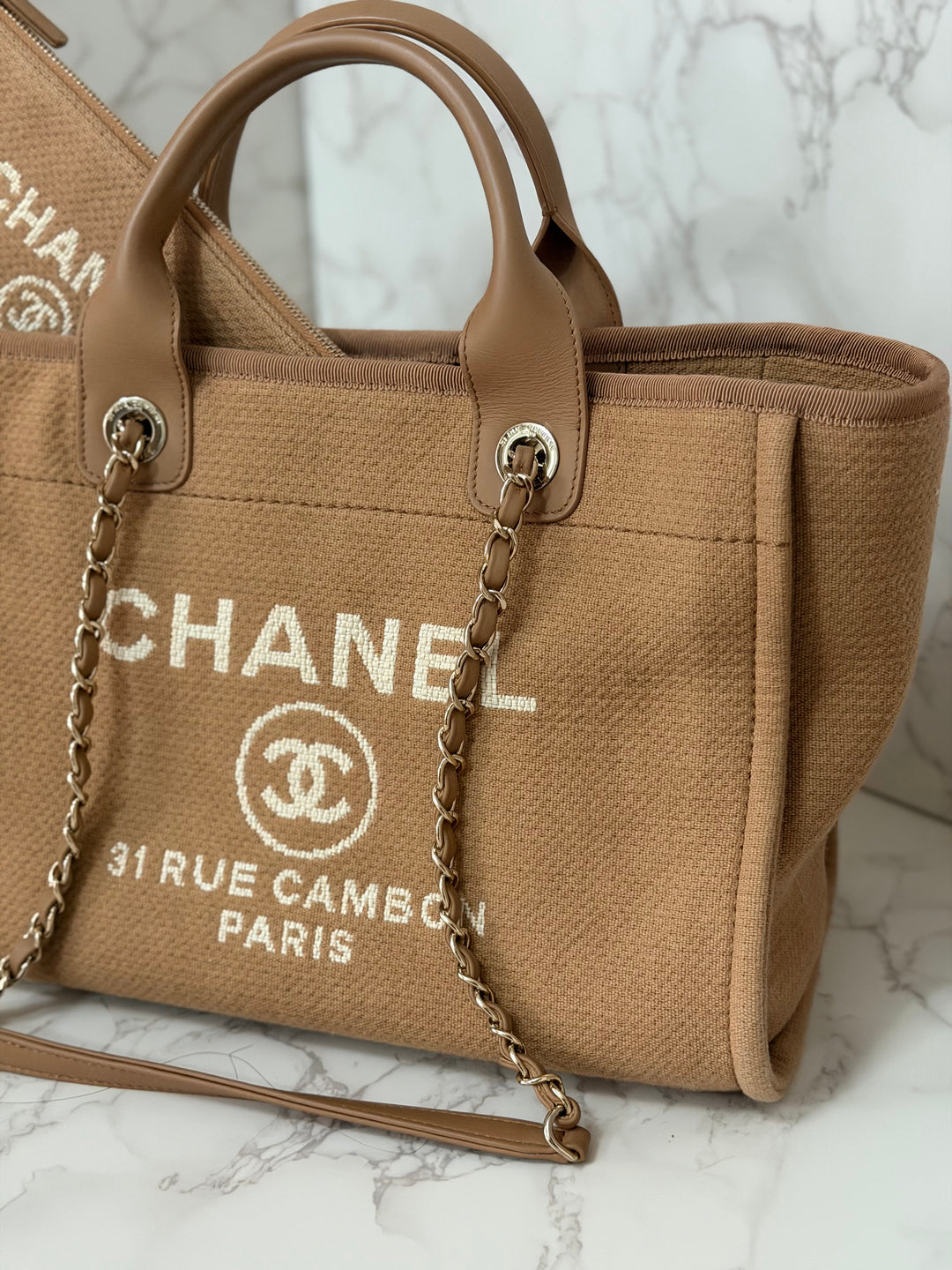CHANEL 24P collection 2024 Beige Tweed Deauville Tote size Small with top handle LGHW and pouch