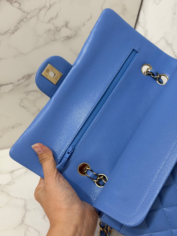 CHANEL 25C 2025 Periwinkle Blue Caviar LGHW Medium ML Timeless Classic Double Flap Bag