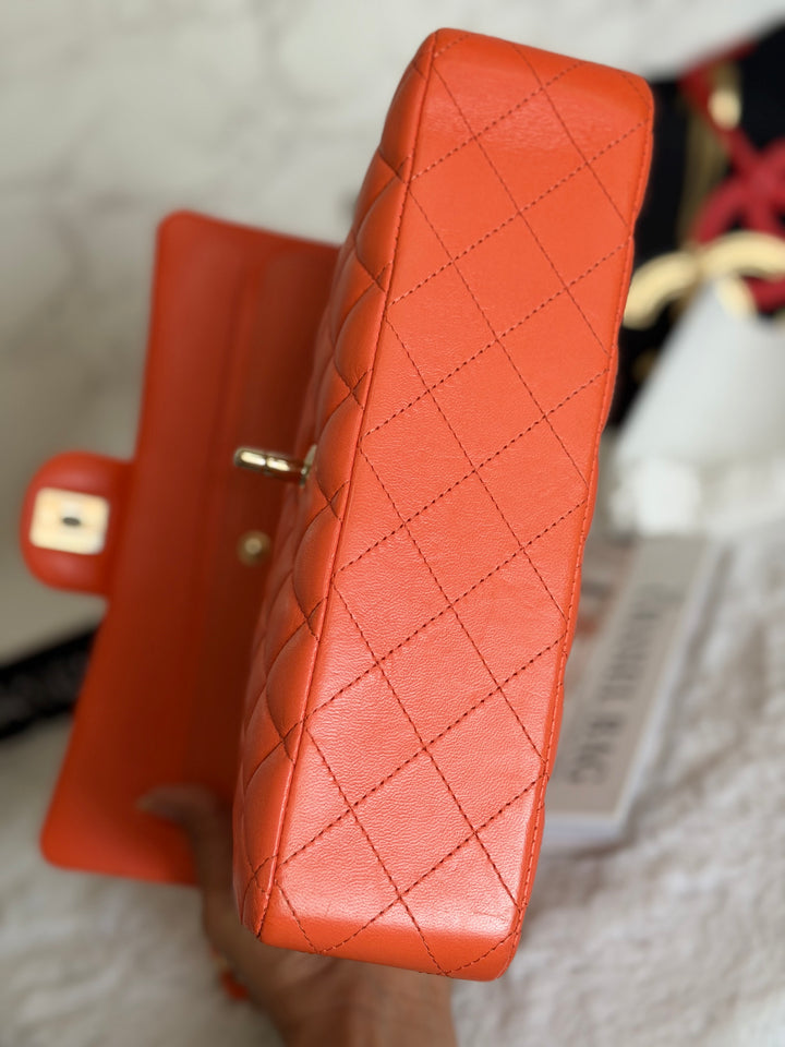 CHANEL 20S Orange Lambskin LGHW Medium ML Timeless Classic Double Flap Bag