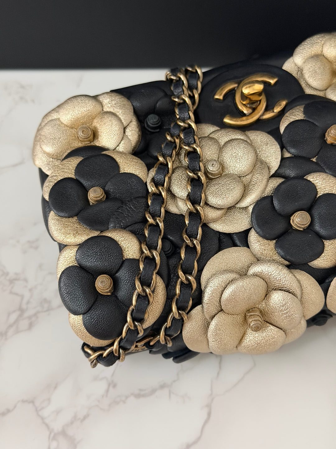 CHANEL series 21 Black Metallic Gold Camellia Flower Lambskin Mini Rectangular Flap Bag with Vintage GHW
