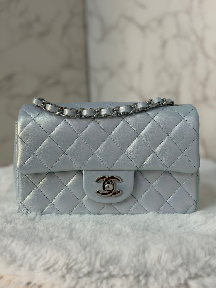 CHANEL 21K 2021 Iridescent light Blue Calf skin SHW Mini rectangular flap bag microchip