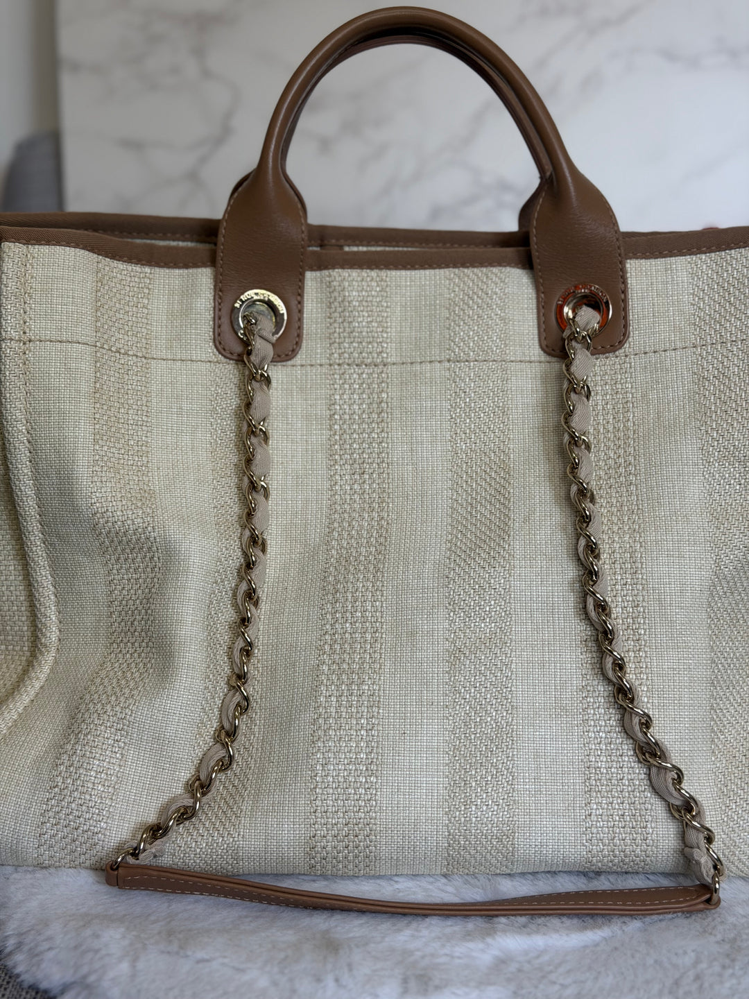 CHANEL series 29 Beige and Brown Stripe Medium 15 inches Deauville Tote Bag 2020