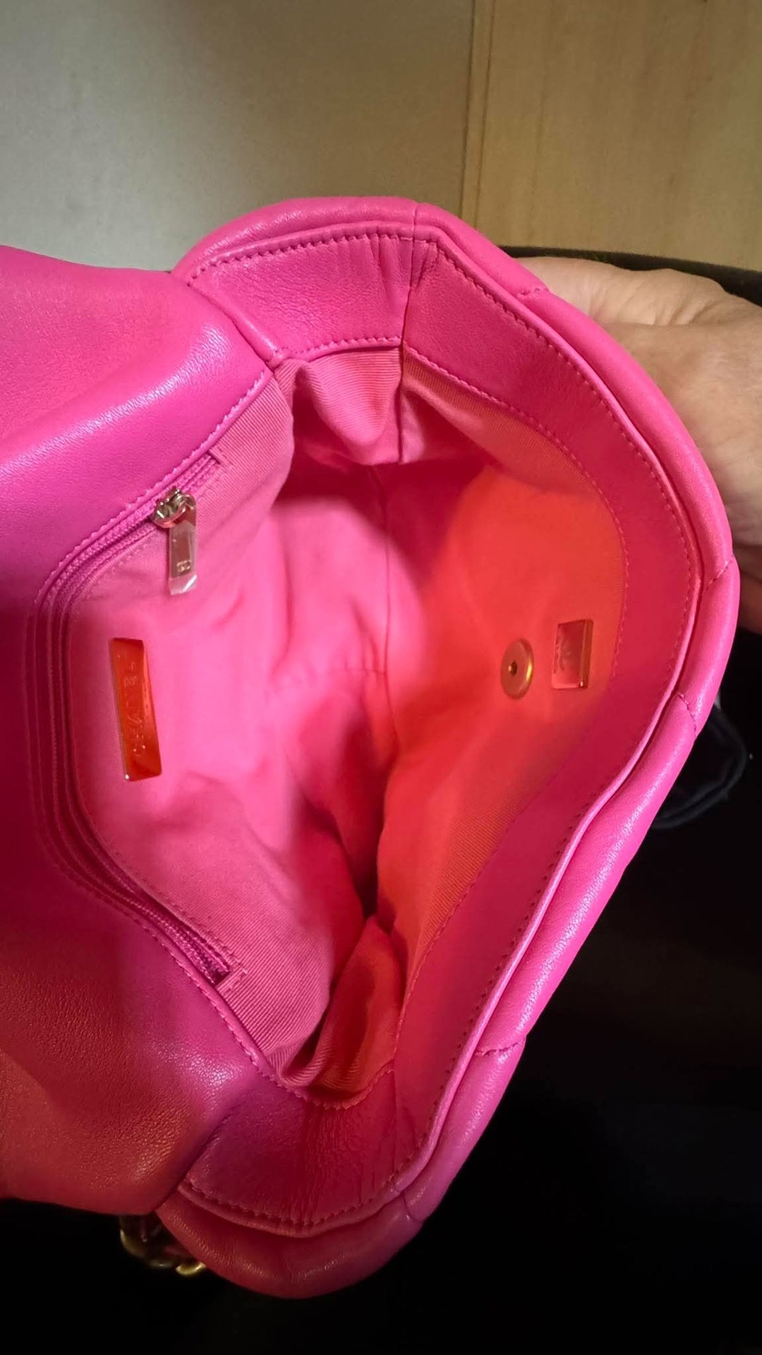 CHANEL 19 size Small in Hot Pink Lambskin Mixed Hardware Flap Bag Microchipped