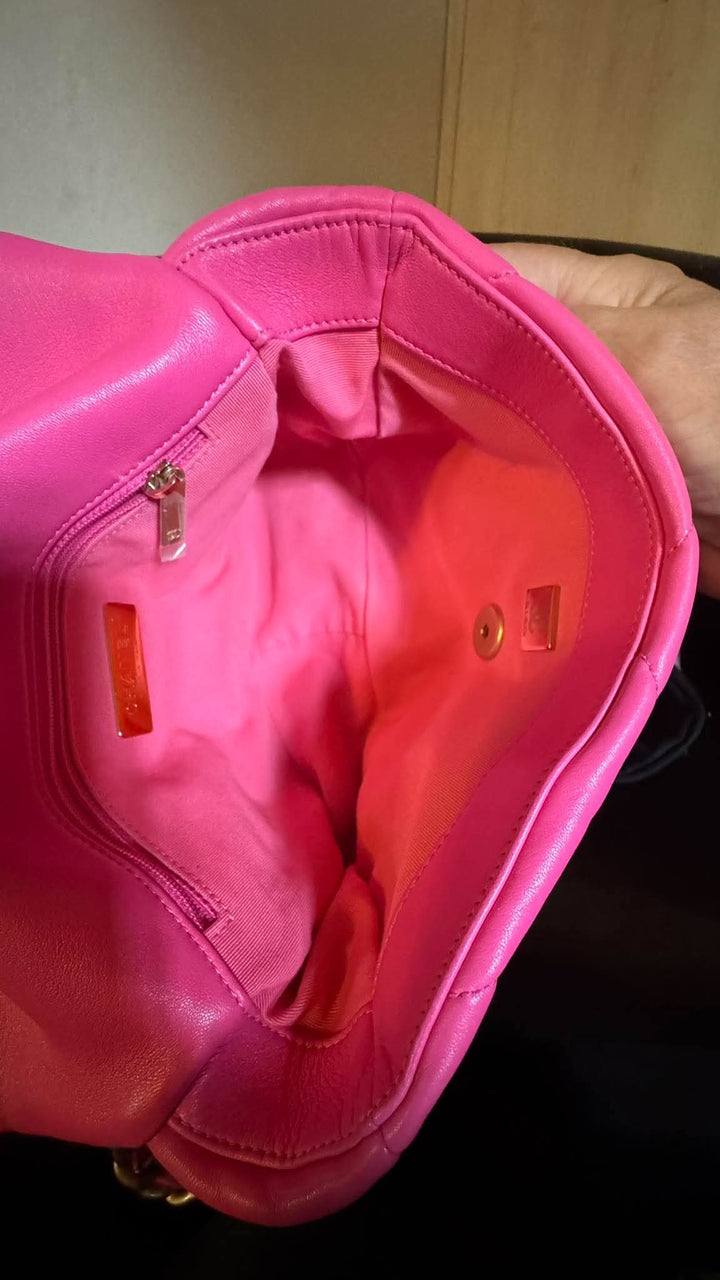 CHANEL 19 size Small in Hot Pink Lambskin Mixed Hardware Flap Bag Microchipped