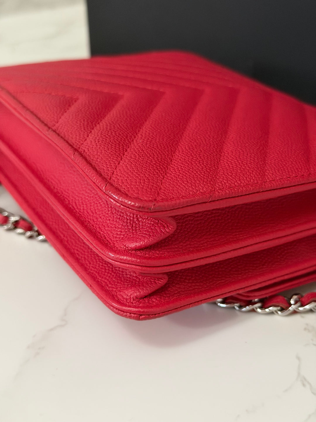 CHANEL series 25 2018 Dark pink chevron caviar SHW Square Wallet On Chain (WOC)