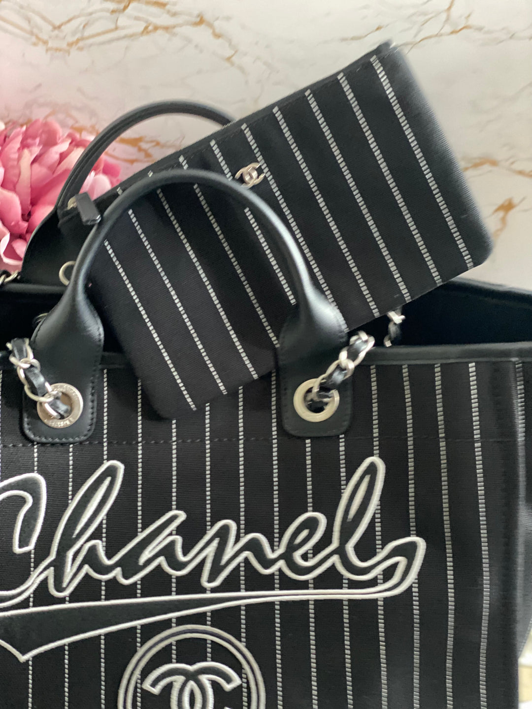 Chanel 23P 2023 collection in Black/White Stripe Canvas Deauville Tote with Top Handle and detachable pouch size Medium (15 inches)