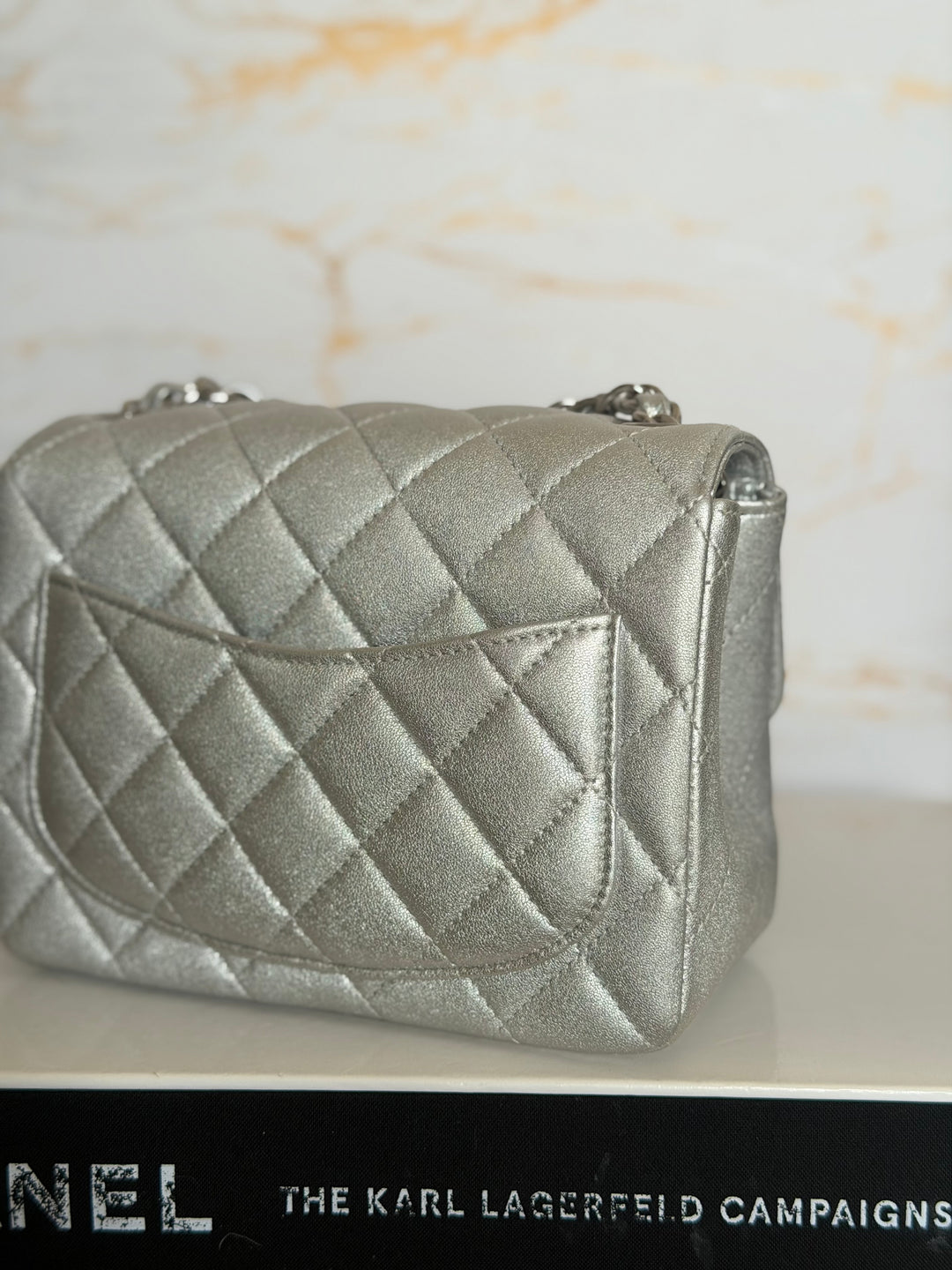CHANEL Metallic Silver Lambskin SHW Square Mini Flap Bag 2021 21P collection series 31