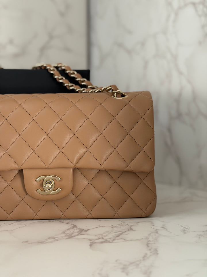 CHANEL 22K 2022 Dark Beige Lambskin LGHW Medium ML Timeless Classic Double Flap Bag