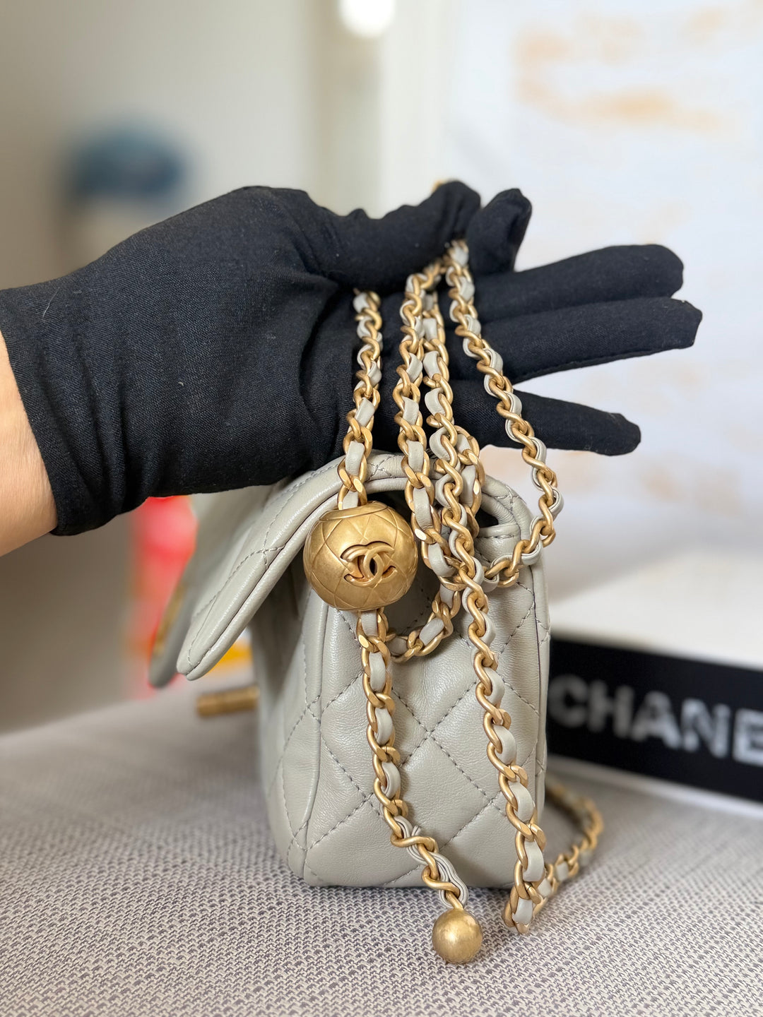 CHANEL Grey Lambskin Aged GHW Pearl Crush Adjustable Chain Mini Rectangular Flap Bag 2021