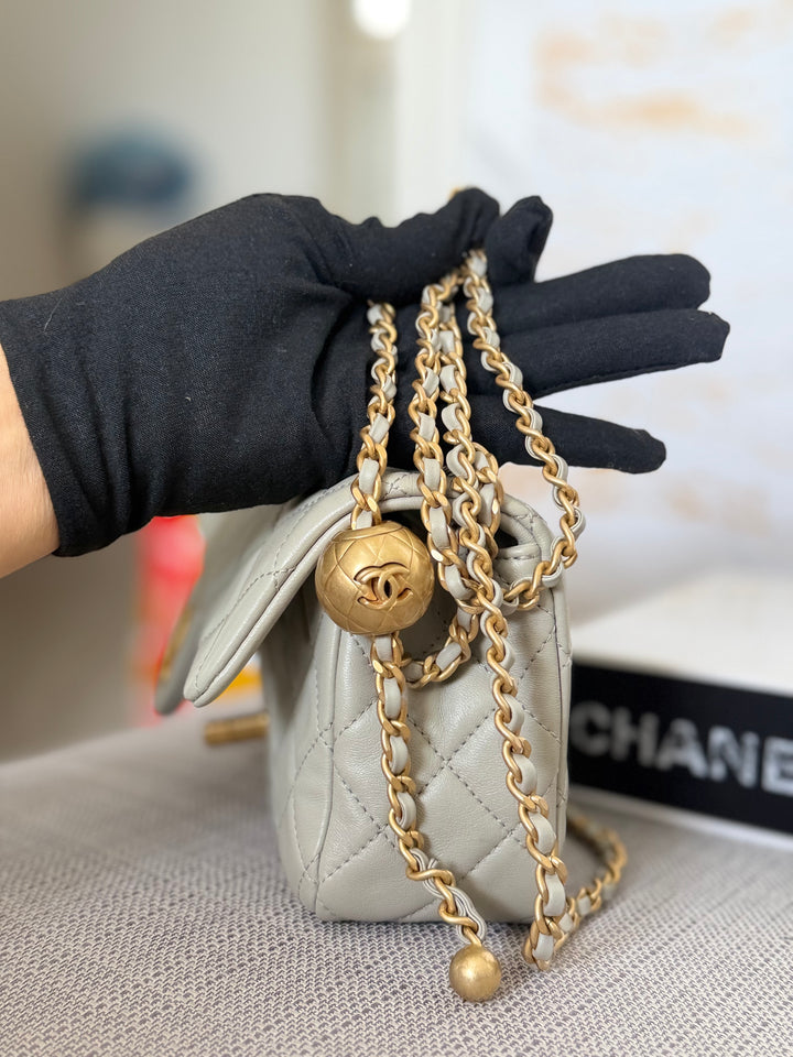 CHANEL Grey Lambskin Aged GHW Pearl Crush Adjustable Chain Mini Rectangular Flap Bag 2021