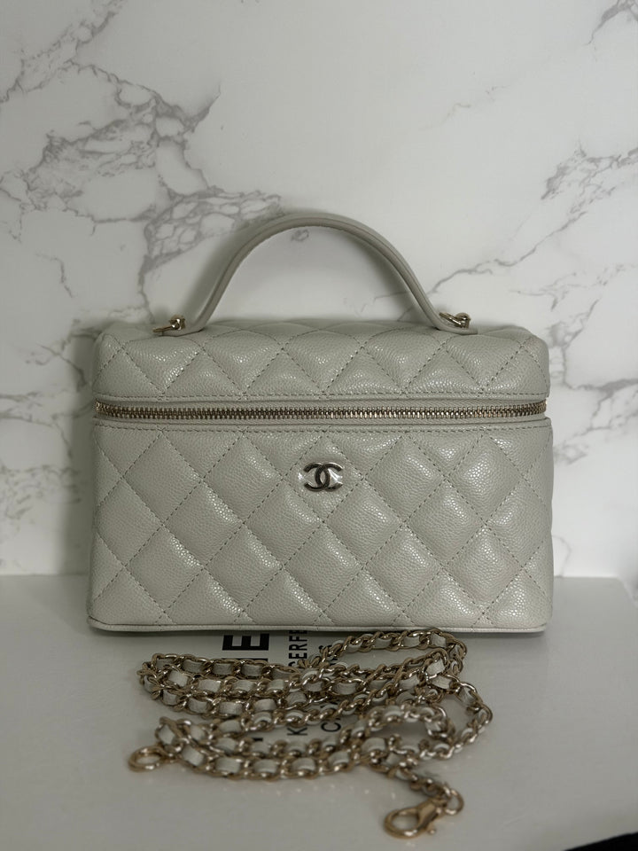 CHANEL 25B 2025 Light Grey Caviar LGHW Long Vanity Bag with Detachable Chain