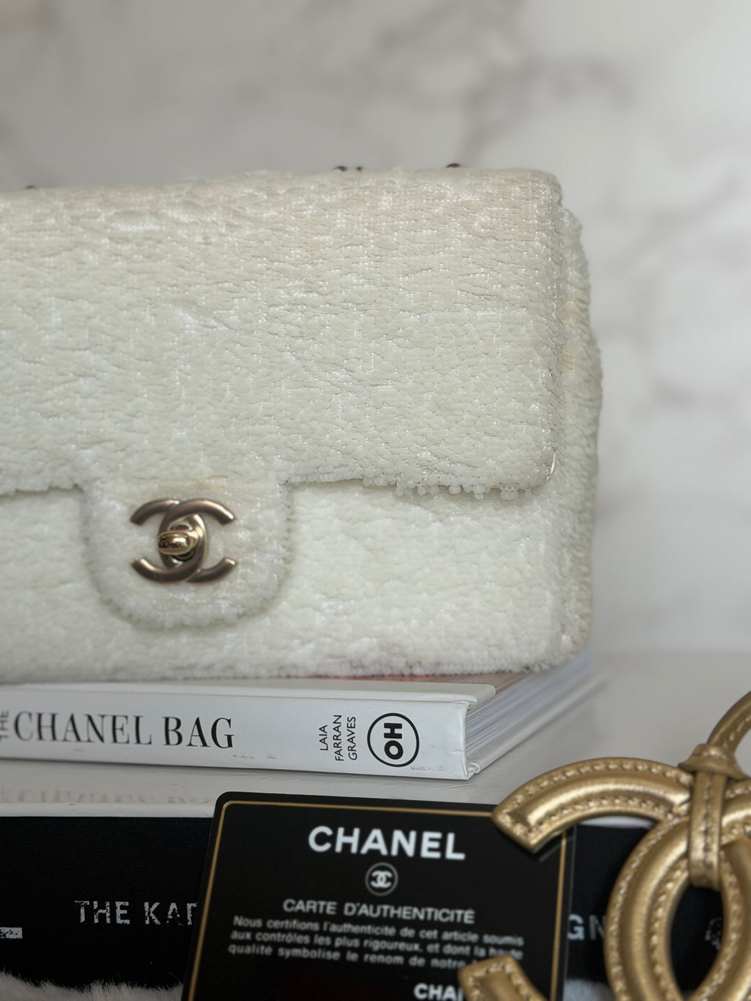 CHANEL series 28 19B White Sequin SMALL Flap Bag LGHW 2019