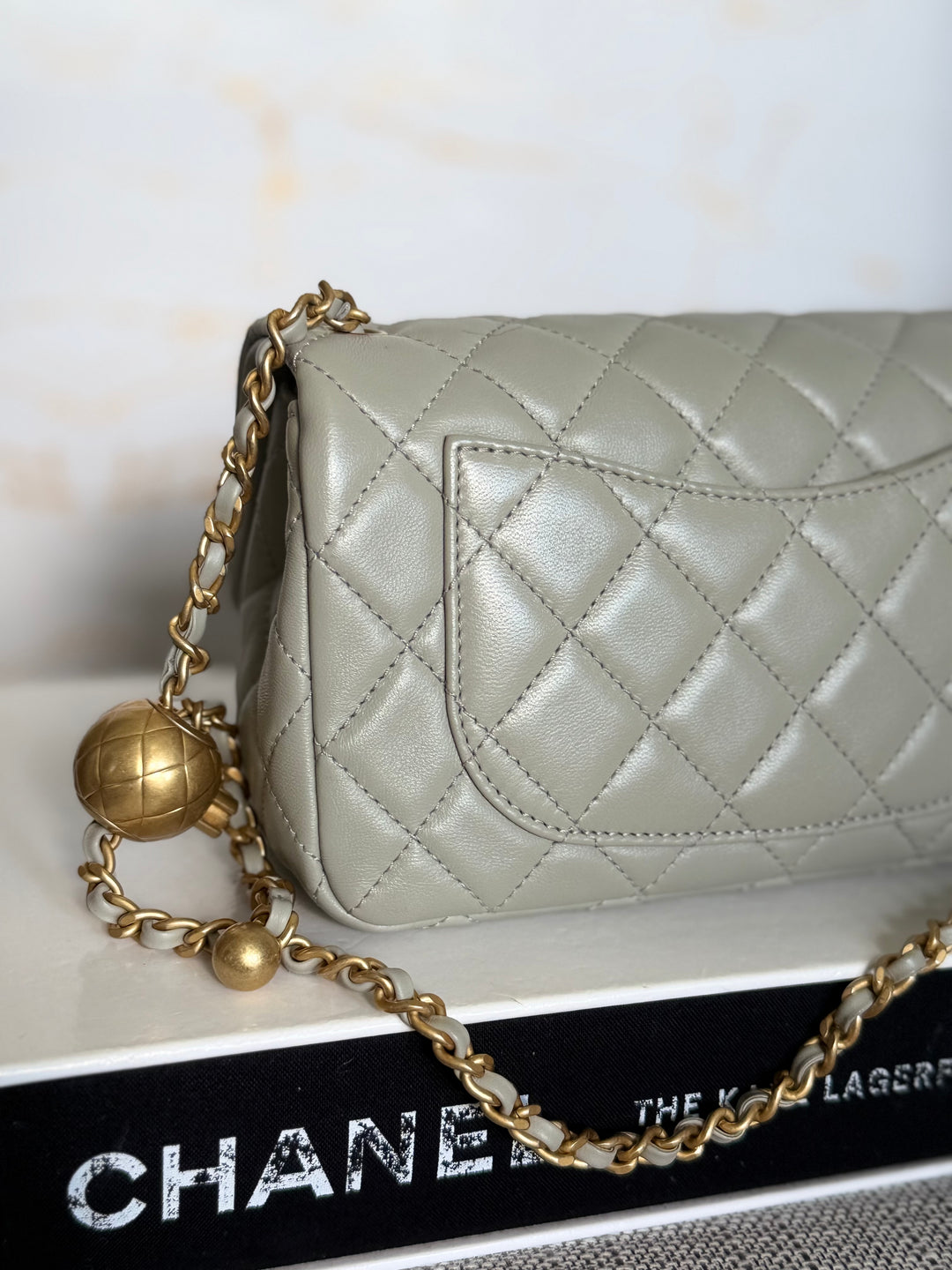 CHANEL Grey Lambskin Aged GHW Pearl Crush Adjustable Chain Mini Rectangular Flap Bag 2021