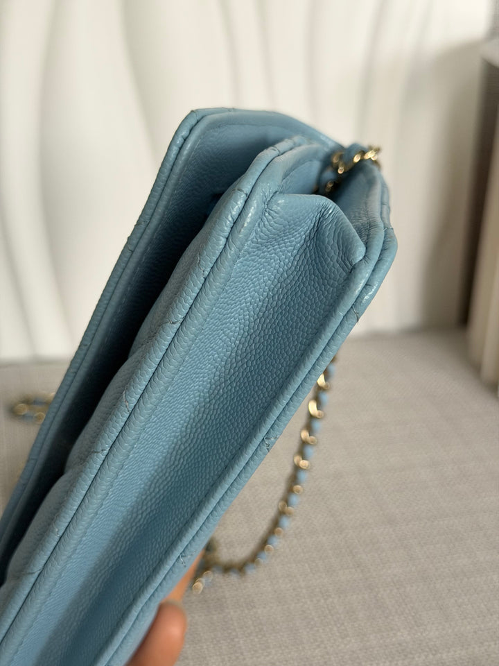 CHANEL 22S Collection 2022 Baby Blue/ Light Blue Caviar LGHW Classic Wallet on chain (WOC)