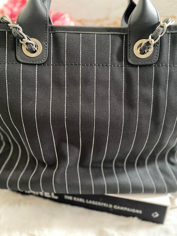 Chanel 23P 2023 collection in Black/White Stripe Canvas Deauville Tote with Top Handle and detachable pouch size Medium (15 inches)