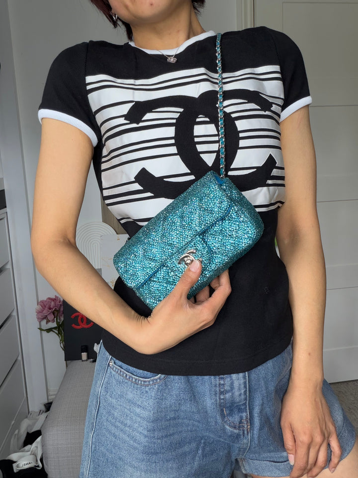 CHANEL series 21 Turquoise Teal Green Blue Diamanté Swarovski Crystal Strasssd Extra Mini Flap Bag with SHW *unicorn* RARE