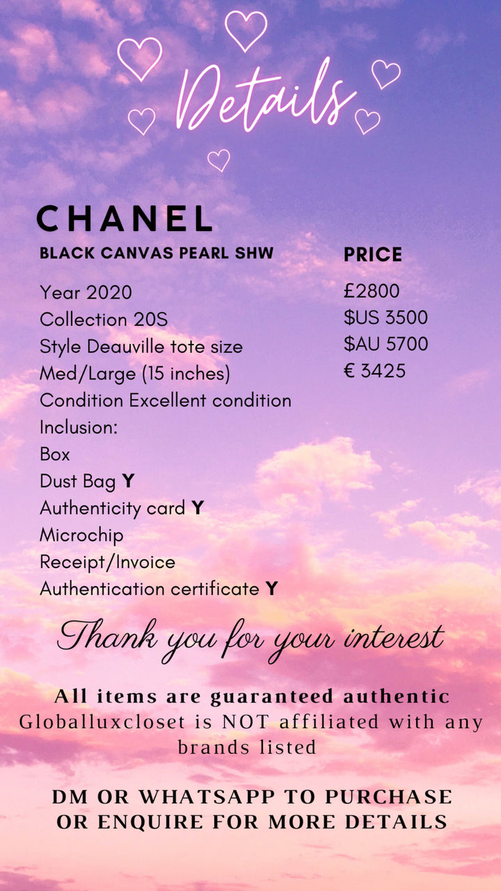 Chanel 20S 2020 Spring/Summer Collecion Black Canvas With Pearl Embossed Deauville Tote Bag with Leather Top Handle Size Medium/Large