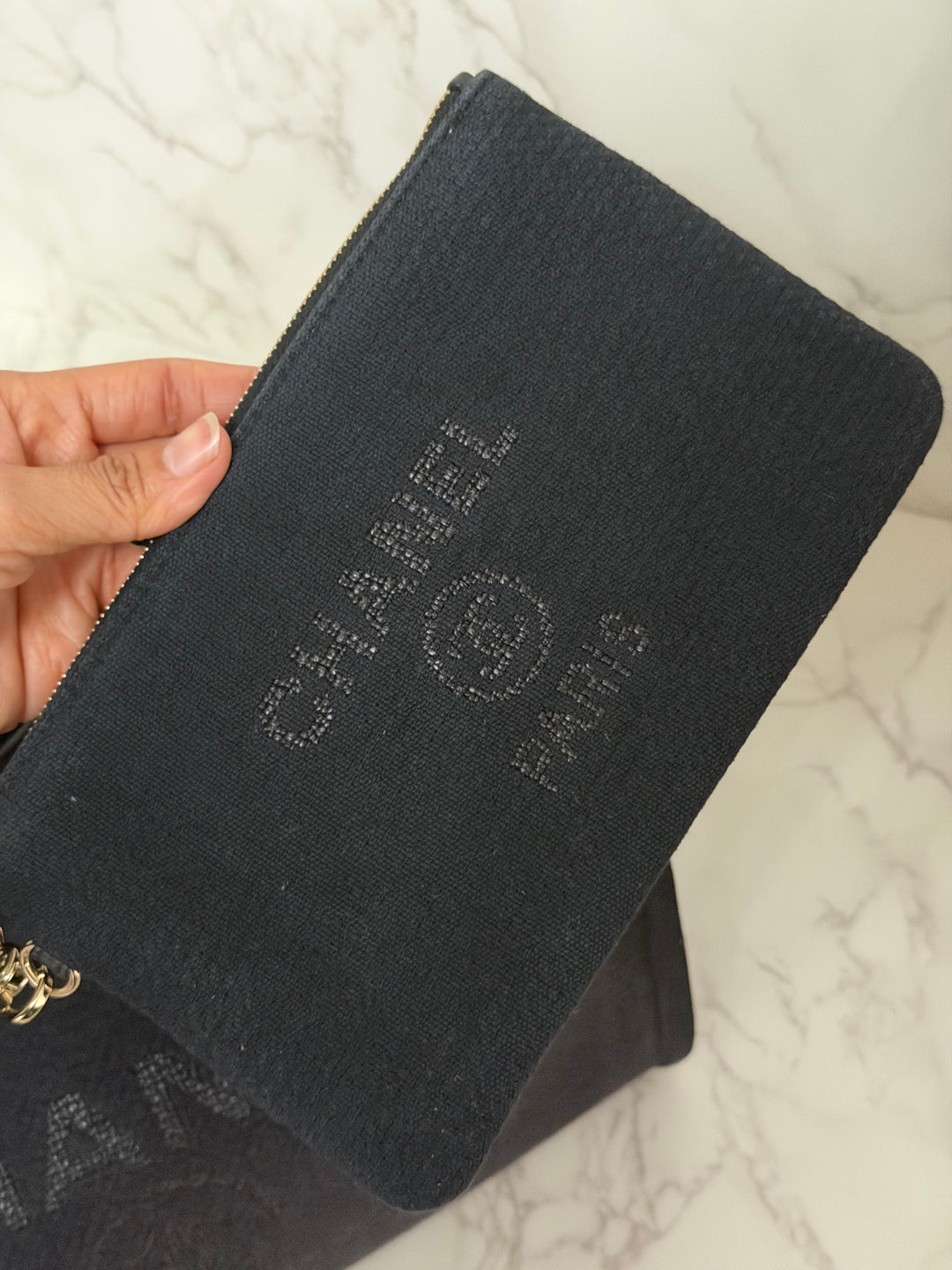 CHANEL 22B 2022 Black Tweed Deauville Tote size Small with Top Handle LGHW and Detachable Pouch