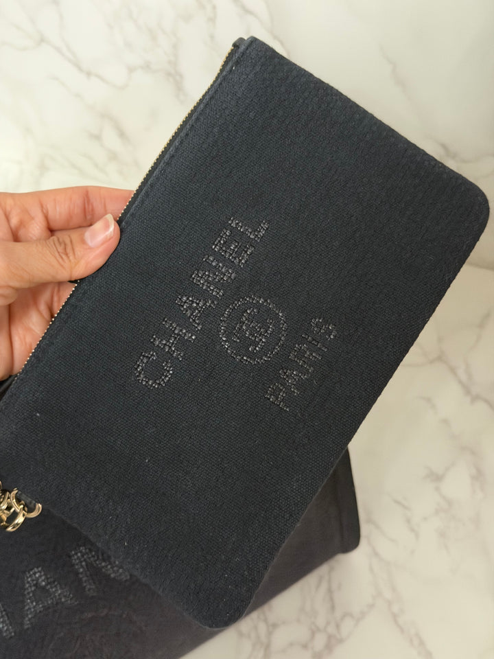 CHANEL 22B 2022 Black Tweed Deauville Tote size Small with Top Handle LGHW and Detachable Pouch