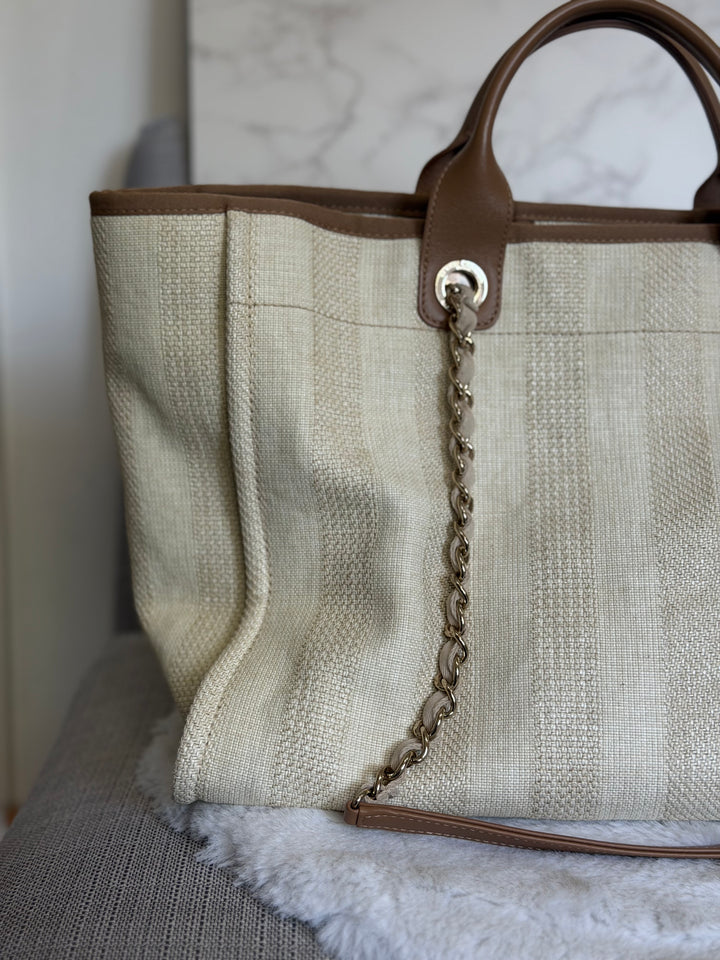 CHANEL series 29 Beige and Brown Stripe Medium 15 inches Deauville Tote Bag 2020